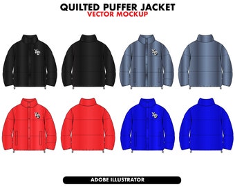 Puffer jacket tech pack, clothing sketch, Flat clothing mockup, jacket mockup sketch, streetwear vector mockups. fashion design templates
