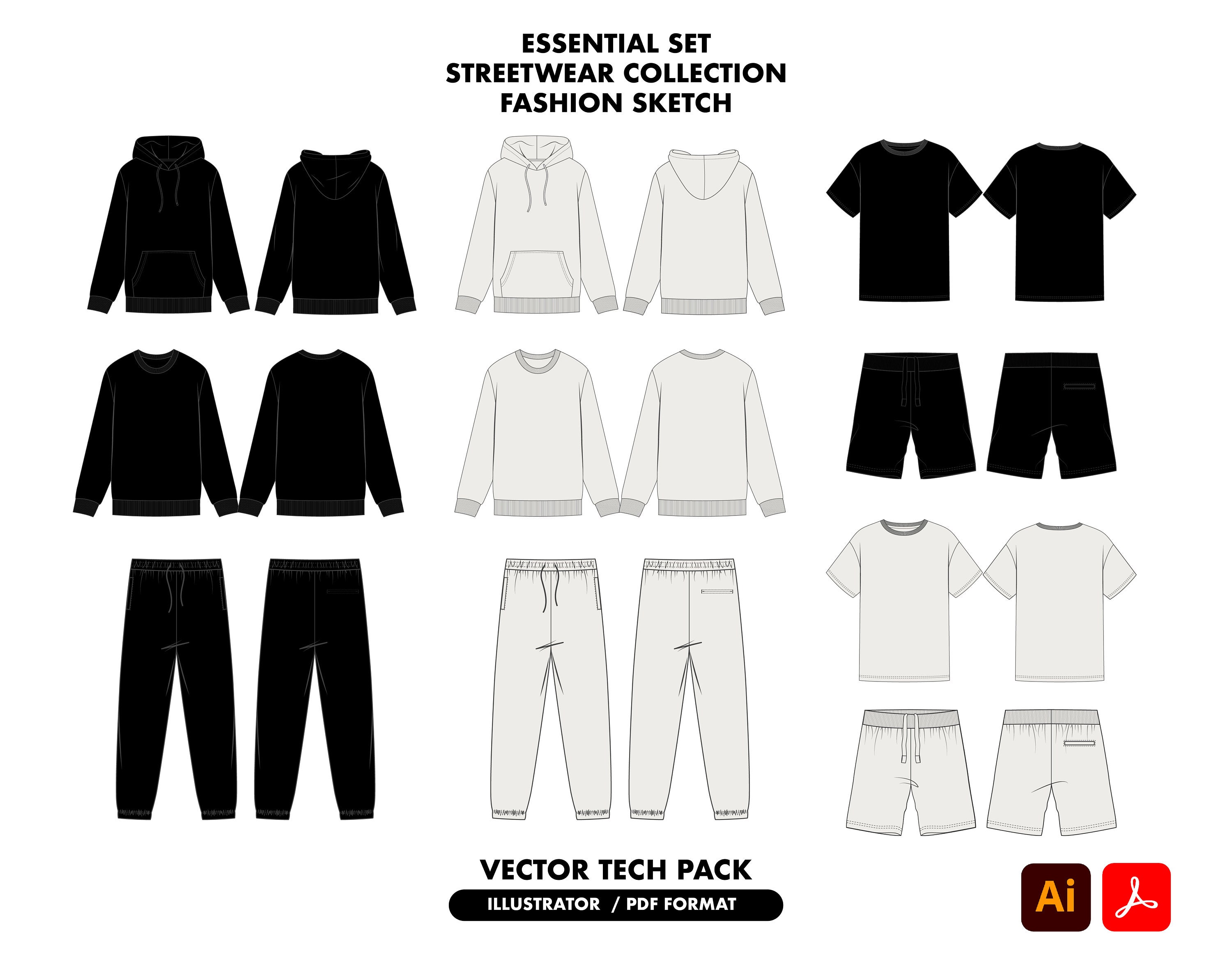streetwear template mockup - Flat Sketch Technical Drawing-Illustrator Ai. PDF Vector Download File, clothing designm blank template