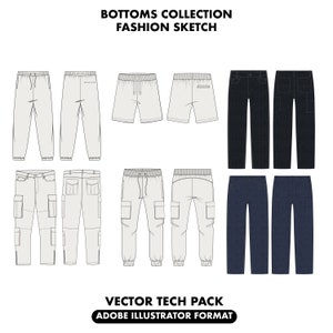Sweatpants Vector Adobe Illustrator Tech Pack, bottoms tech pack bundle, clothing sketch, Bundle Fashion Design Template, pants sketch image 1