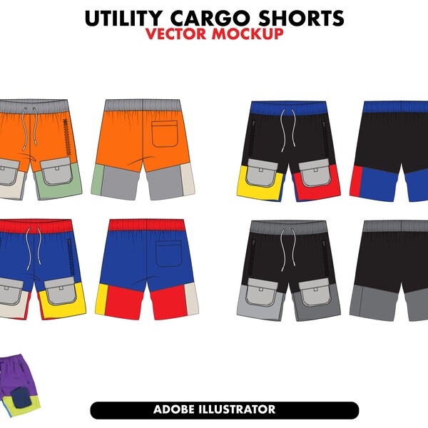 Cargo shorts vector mockup, Cargo Shorts Template, Shorts Tech Pack, Streetwear Vector Template Illustrator Mockup, utility shorts mockup