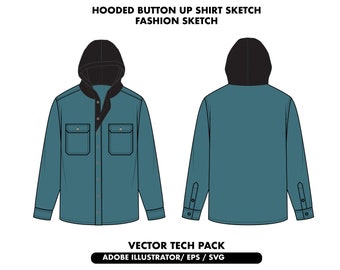 Hooded button up shirt, clothing sketch, button up shirt mockup, fashion vector sketch, button up shirt vector sketch