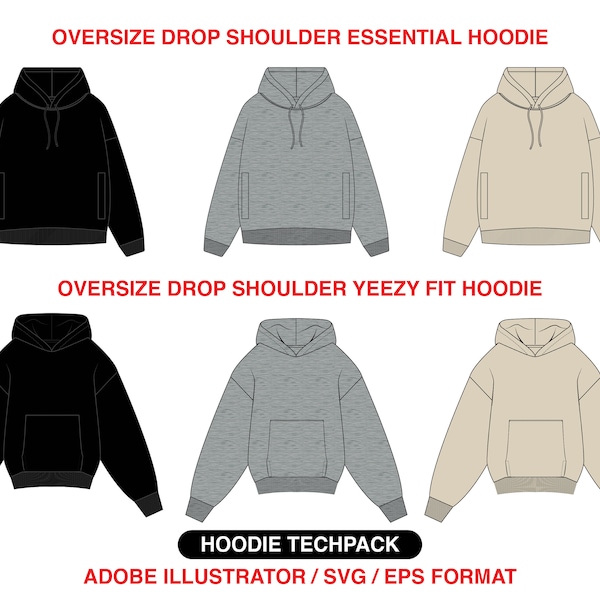 Oversized hoodie tech pack bundel, kleding schets, Platte kleding mockup, drop shoulder hoodie techpack schets, essentian hoodie tachpack