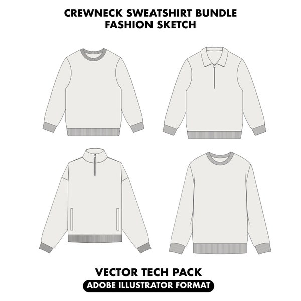 Crew neck sweatshirt Vector Fashion Flat Sketch, t-shirt tech pack, Fashion flat sketch,  Flat Sketch Technical Drawing, sweater sketch