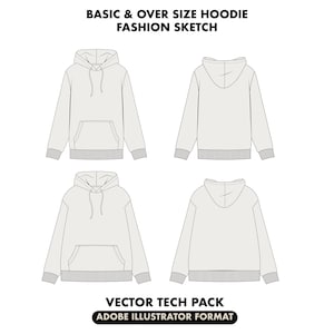 Hoodie Vector Fashion Flat Sketch, t-shirt tech pack, Fashion flat sketch,  Flat Sketch Technical Drawing, Boxy Oversize Fit Hoodie Vector