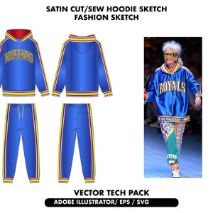 Satin hoodie sketch, Track suit tech pack bundle, clothing sketch, Bundle Fashion Design Template, cut & sew hoodie techpack. hoodie vector