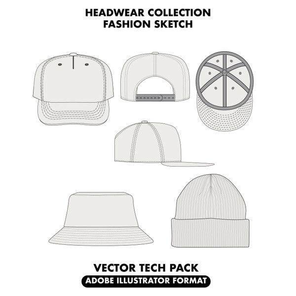 Headwear collection tech pack bundle, headwear sketch, Bundle Fashion Design Template, caps bucket hat beanie Fashion Design sketch