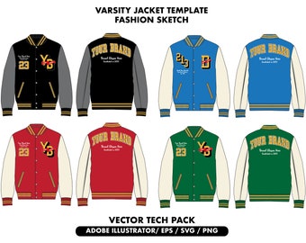 Varsity jacket tech pack, clothing sketch, Streetwear Template, jacket vector sketch, jacket techpack, varsity jacket mockup