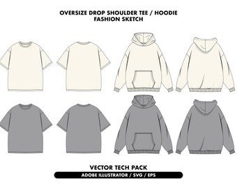 streetwear oversize fit tshirt mockup, drop shoulder hoodie vector, t-shirt mockup, Oversize T-shirt tech pack, streetwear template, vector