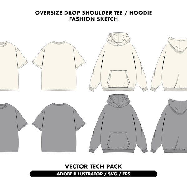 streetwear oversize fit tshirt mockup, drop shoulder hoodie vector, t-shirt mockup, Oversize T-shirt tech pack, streetwear template, vector