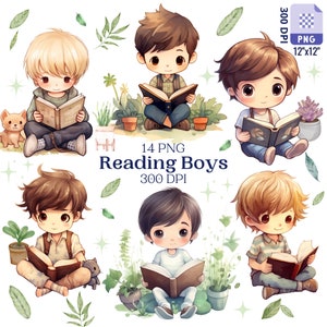 Adorables niños leyendo para proyectos creativos, diseños imprimibles originales, efímeras digitales, creación de tarjetas, scrapbooking, sublimación