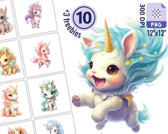 May include: A set of 10 digital illustrations of cute cartoon unicorns with different colored manes and horns. The unicorns are in various poses and expressions. The illustrations are in PNG format and are 12 inches by 12 inches at 300 DPI.