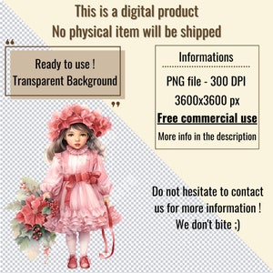 May include: A digital illustration of a young girl wearing a pink dress and hat, holding a bouquet of red poinsettias. The image has a transparent background and is 3600x3600 pixels.