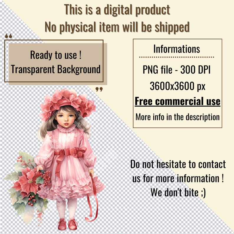 May include: A digital illustration of a young girl wearing a pink dress and hat, holding a bouquet of red poinsettias. The image has a transparent background and is 3600x3600 pixels.