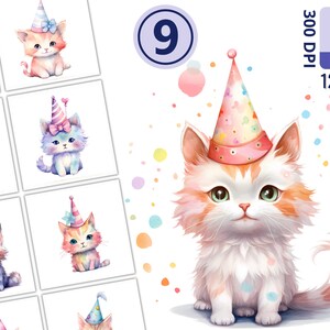 Ensemble de cliparts aquarelle chats d'anniversaire pour projets créatifs, images de fête de chaton, scrapbooking, faire-part, créations créatives en papier pour fabrication de cartes, éphémères
