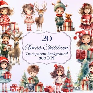 クリエイティブなプロジェクトのためのクリスマスの子供用クリップアートセット、クリスマスの冬のデザイン、かわいい水彩画のイラスト - 昇華カード作成エフェメラ