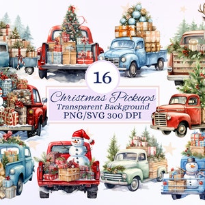May include: 16 watercolor illustrations of vintage red, blue, and green pickup trucks decorated with Christmas trees, presents, snowmen, and reindeer. The trucks have wooden beds and are filled with Christmas gifts. The background is transparent.