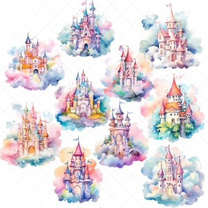 May include: Nine watercolor illustrations of fairytale castles in the clouds. Each castle is unique with different colors, shapes, and details. The castles are surrounded by fluffy clouds and have a whimsical and magical feel.