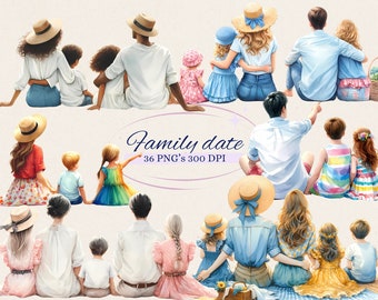 May include: A set of 36 watercolor illustrations of families on a date. The illustrations feature a variety of families, including couples, parents with children, and grandparents with grandchildren. The illustrations are perfect for creating cards, invitations, or scrapbooking projects.