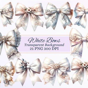 Weiß Bögen Clipart-Set für kreative Projekte, Satinspitzenbögen, Hochzeitsbogen, Geschenk, Kartenherstellung, Scrapbooking, Sublimation, Ephemera, PNG