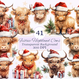 Festive Highland Cows Clipart Set for Creative Projects, Xmas Gift Winter Design, Whimsical Christmas Graphic, Cow Watercolor Illustration