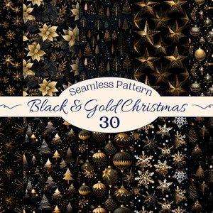 Black and Gold Christmas Seamless Patterns for Creative Project, Christmas Digital Paper, Scrapbooking, Handmade Gift Wrap, Sublimation