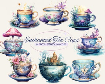 May include: Watercolor illustrations of enchanted tea cups and saucers in shades of blue, gold, and purple. Each cup features unique designs, including floral patterns, mushrooms, and a castle. The text "Enchanted Tea Cups" is also visible.