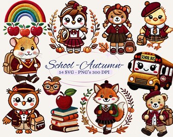 May include: A set of 54 embroidery designs featuring cute animals dressed in school uniforms. The designs include a penguin, a bear, a chick, a hamster, an owl, a fox, and a teddy bear. The designs are perfect for creating personalized gifts, home decor, and apparel.  School - Autumn - 54 SVG - PNG's 300 DPI