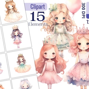 Precioso conjunto de imágenes prediseñadas de princesitas para proyectos creativos, efímeras con fondo transparente, collage, creación de tarjetas, scrapbooking, sublimación