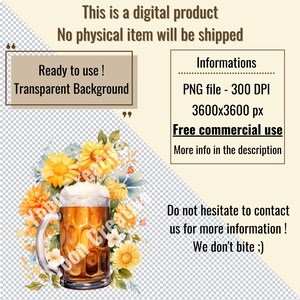 May include: A digital illustration of a glass of beer with a foamy head, surrounded by yellow sunflowers and other flowers. The background is transparent.
