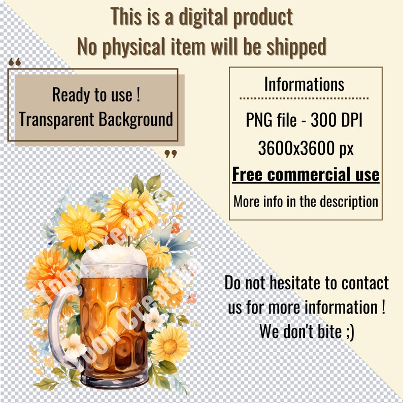 May include: A digital illustration of a glass of beer with a foamy head, surrounded by yellow sunflowers and other flowers. The background is transparent.