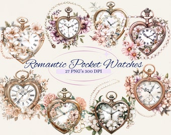 May include: A set of 27 watercolor illustrations of romantic pocket watches with floral accents. The watches are heart-shaped and feature delicate floral designs in shades of pink, white, and green. The watches are surrounded by pearls and have Roman numeral clock faces.