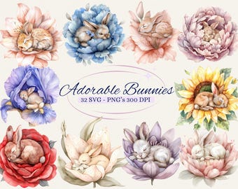 May include: A set of 32 watercolor illustrations of adorable bunnies sleeping in various flowers. The flowers include sunflowers, peonies, lilies, irises, and roses. The bunnies are all in different poses and have different expressions. The illustrations are perfect for creating cards, invitations, scrapbook pages, and other craft projects.