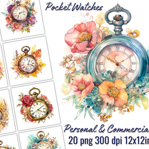 Watercolor Antique Pocket Watches Clipart - Bundle - Romantic - Vintage Watch - Gothic - Digital - Printable - Free commercial use - Clipart