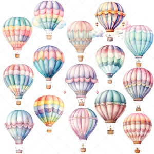 May include: A watercolor illustration of 12 hot air balloons in various colors and patterns. The balloons are floating in the air against a white background.