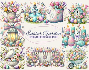 May include: A set of 19 digital illustrations featuring Easter garden elements. The illustrations include a watering can, a birdhouse, a lantern, candles, a wheelbarrow, a fence, and a variety of flowers, eggs, and birds. The illustrations are in a pastel color palette and have a whimsical, vintage style.