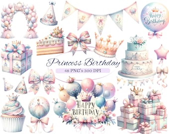 May include: A set of 48 princess birthday themed digital clipart images. The images include a crown, a cake, a gift box, balloons, a bow, a cupcake, and a banner that says "Happy Birthday".