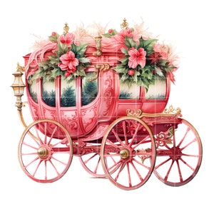 May include: A pink horse-drawn carriage decorated with holly and poinsettia for the festive season. The carriage has gold accents and wheels.