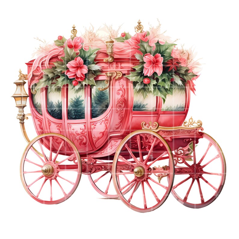 May include: A pink horse-drawn carriage decorated with holly and poinsettia for the festive season. The carriage has gold accents and wheels.