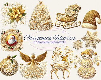 May include: A set of 20 gold Christmas filigree SVG and PNG files, perfect for crafting and design projects. The set includes images of a Christmas tree, a sleigh, a snowflake, a snowman, a reindeer, an angel, a poinsettia, a Christmas ornament, and a Santa Claus.