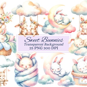 Süße Kaninchen Clipart-Set für kreatives Projekt, niedliche Tiergrafiken, Kartenherstellung, Scrapbooking, Sublimation, Kinderzimmerkunst, Aufkleber, PNG