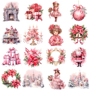 May include: A collection of watercolour illustrations featuring Christmas themes, including a fireplace, a house, a poinsettia, a wreath, a Christmas tree, a Santa Claus, a girl in a pink dress, and a Christmas bauble.