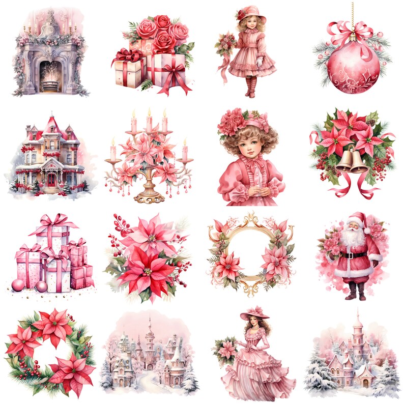 May include: A collection of watercolour illustrations featuring Christmas themes, including a fireplace, a house, a poinsettia, a wreath, a Christmas tree, a Santa Claus, a girl in a pink dress, and a Christmas bauble.