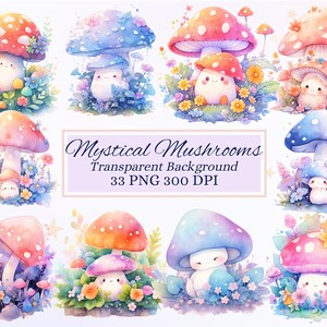 Conjunto de clipart de cogumelos místicos para projetos criativos, cogumelo florido fofo de fantasia, criação de cartões, scrapbooking, sublimação, itens efêmeros, PNG