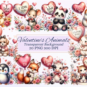 Conjunto de imágenes prediseñadas de animales de San Valentín para proyectos creativos, gráficos de San Valentín, románticos, tarjetas, scrapbooking, sublimación, efímeras, PNG