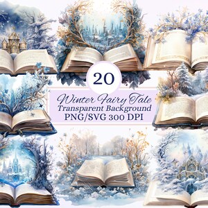 Winter Märchen Clipart Set für kreative Projekte, Weihnachtsdesign, Buchliebhaber, mystische und fantastische Aquarell-Illustration, PNG SVG