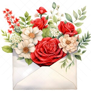 May include: A white envelope with a bouquet of red and white flowers spilling out of the top. The flowers include roses, daisies, and other small white flowers.