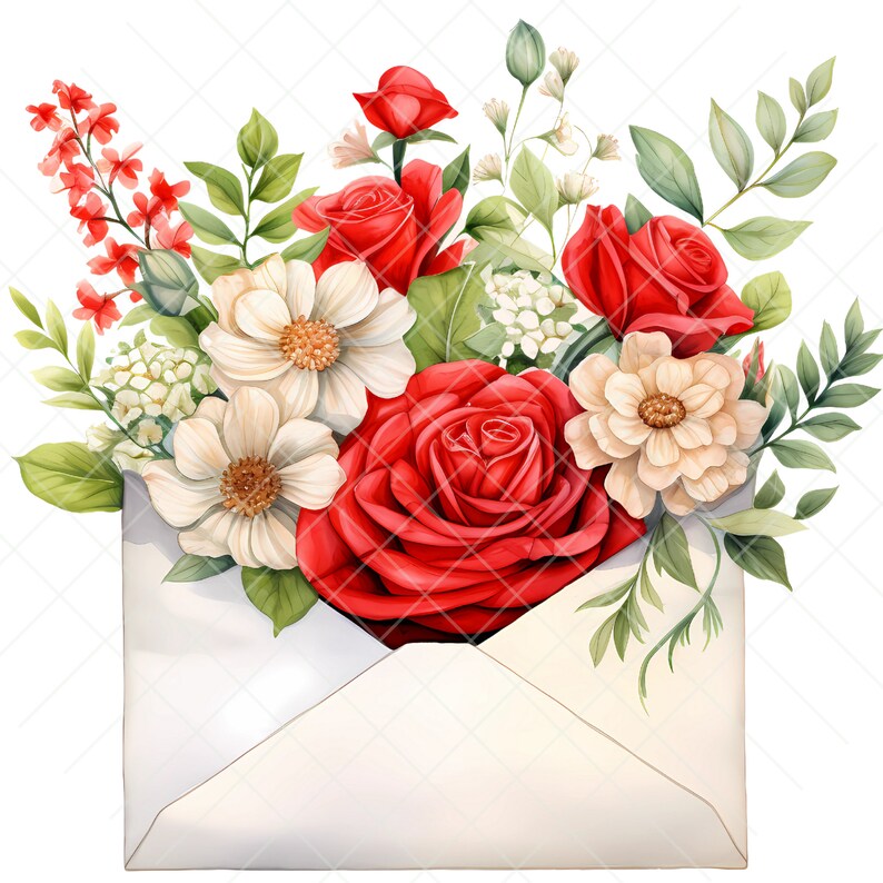 May include: A white envelope with a bouquet of red and white flowers spilling out of the top. The flowers include roses, daisies, and other small white flowers.