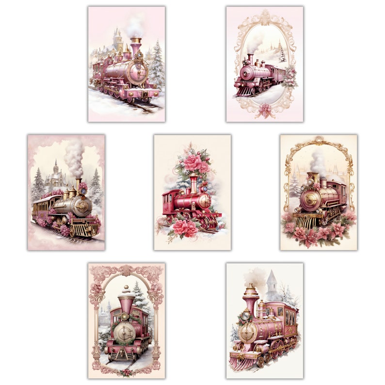 May include: Set of eight vintage-style Christmas cards featuring pink and gold steam trains in winter scenes. Each card has a different design with a train in a snowy landscape, surrounded by trees and flowers.