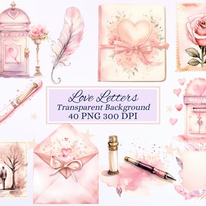 Cliparts de lettres d'amour pour projets créatifs, graphique Saint-Valentin, élément d'écrivains, fabrication de cartes, scrapbooking, sublimation, éphémères, PNG