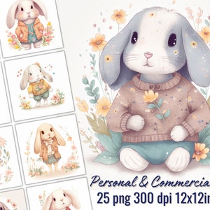 Sweet Bunnies With Flower Clipart - Rabbit Illustration Bundle - 25 PNG ...